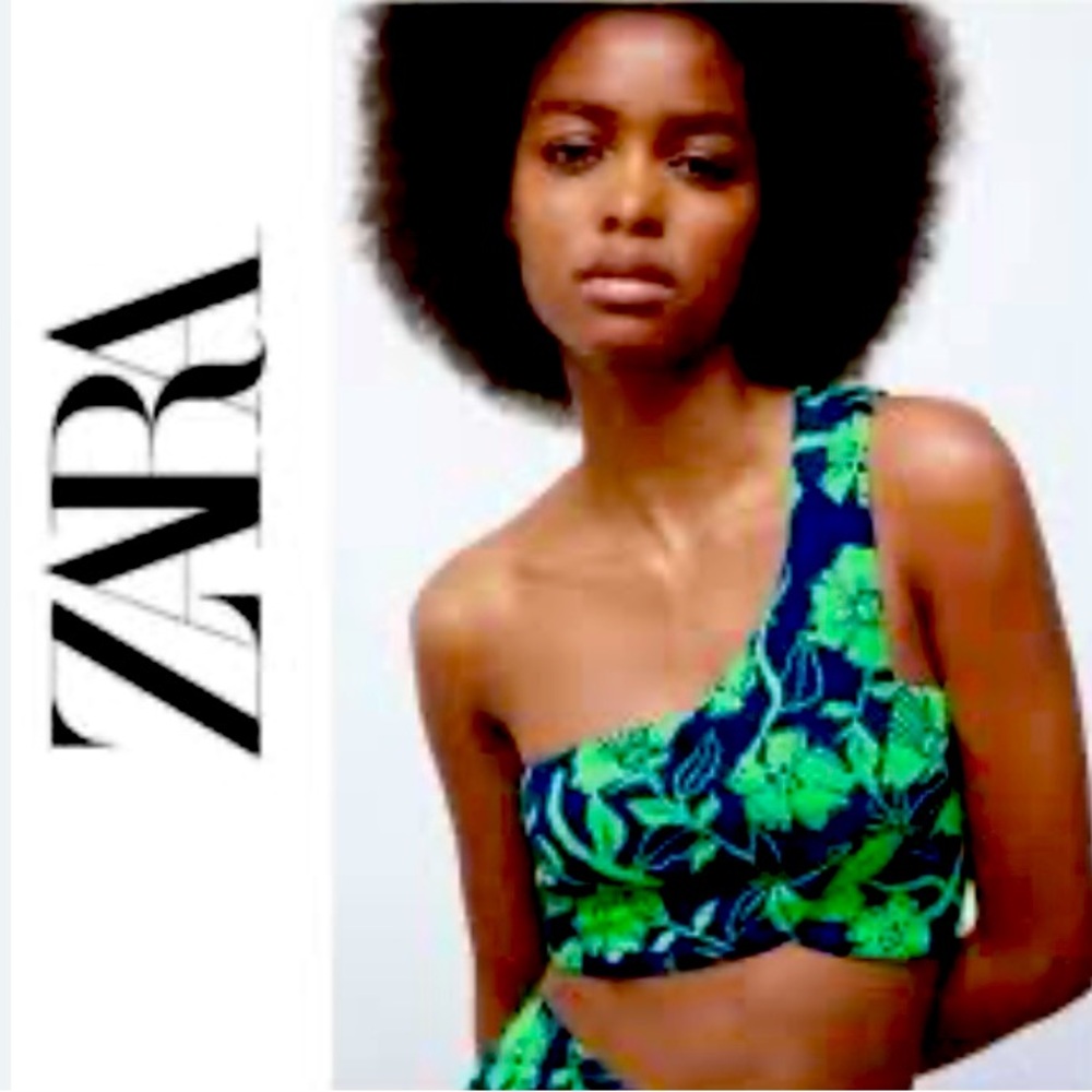 NWT! ZARA Jacquard Green BLUE FLORAL fitted ONE shoulder CROP  TOP New!